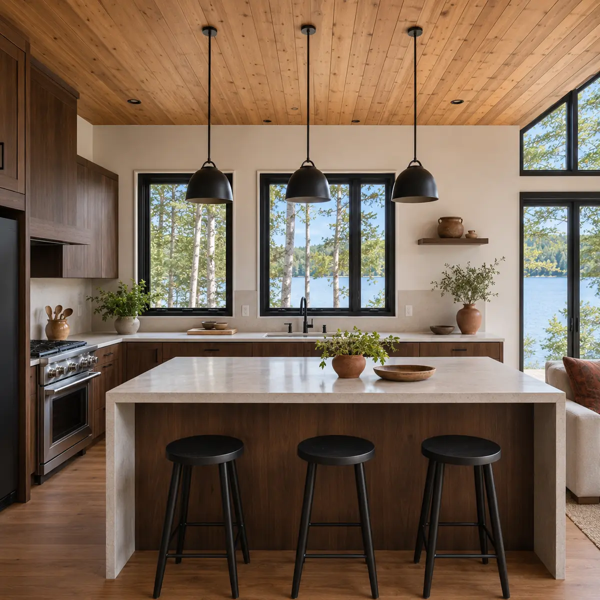 Walnut kitchen and island photographed for an upscale lake house rental