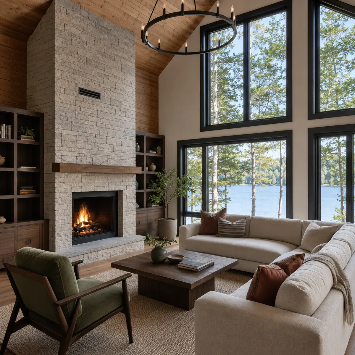 Lake-facing living room with stone fireplace and warm contemporary styling
