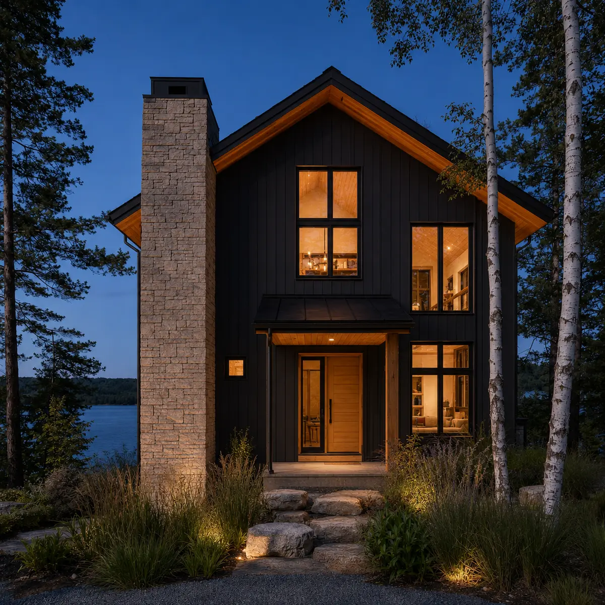 Contemporary lake house exterior glowing warmly during a blue-hour photo shoot