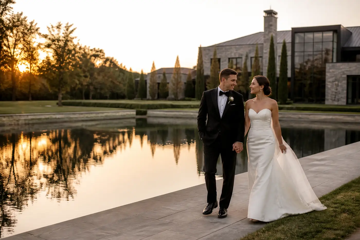 Newlywed couple beside a luxury estate pond in Vaughan