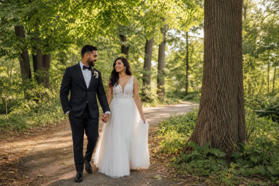 Newlywed couple walking through a wooded wedding photo setting in Vaughan