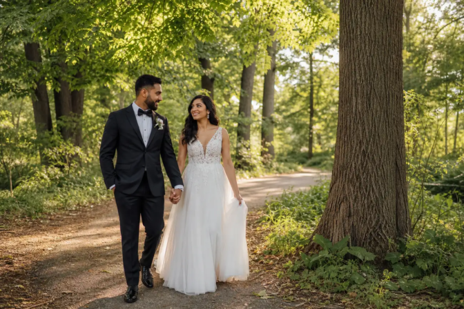 Newlywed couple walking through a wooded wedding photo setting in Vaughan
