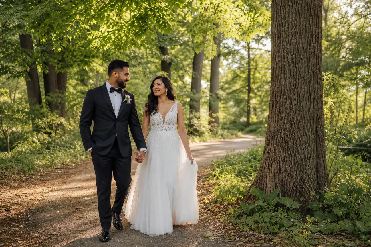 Newlywed couple walking through a wooded wedding photo setting in Vaughan