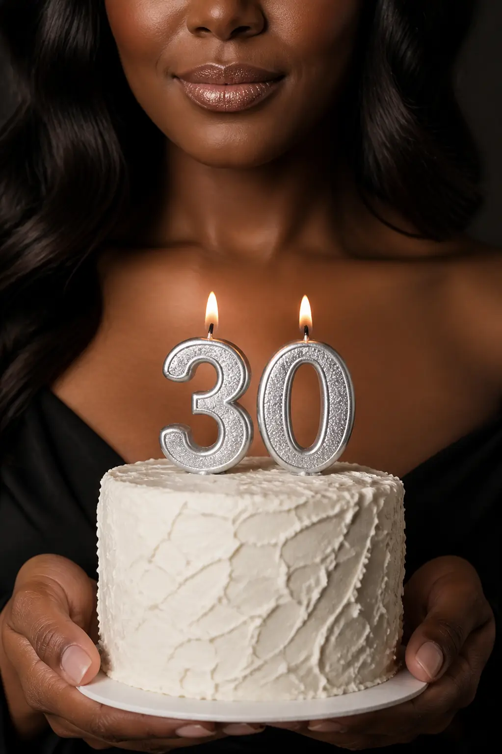 Close-up 30th birthday cake portrait with silver number candles