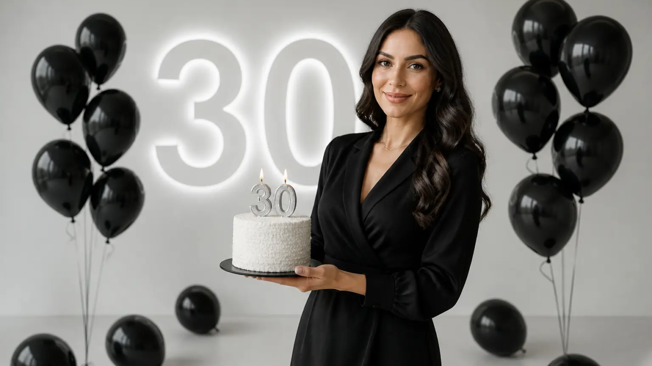 Elegant 30th birthday photoshoot in a Toronto studio with black balloons