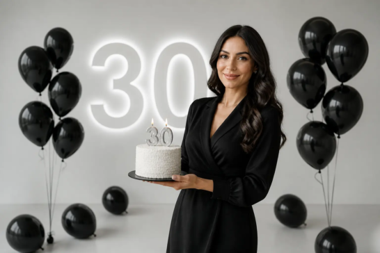 Elegant 30th birthday photoshoot in a Toronto studio with black balloons