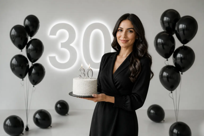 Elegant 30th birthday photoshoot in a Toronto studio with black balloons
