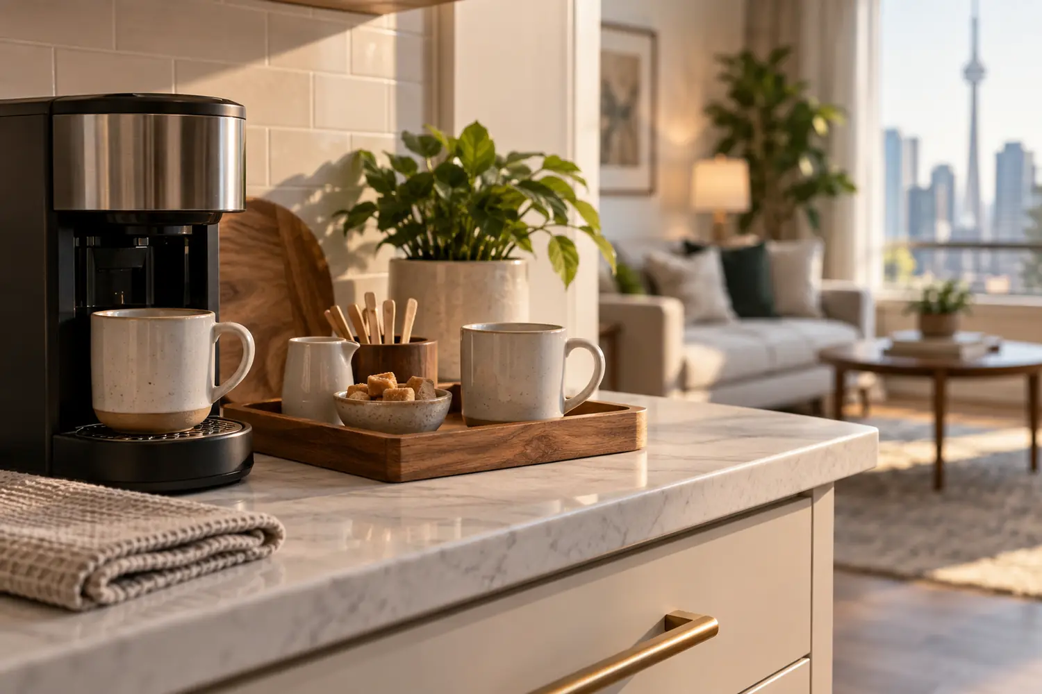 Lifestyle detail photography of a Toronto Airbnb coffee station