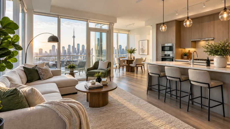 Professional Airbnb photography of a furnished Toronto condo with CN Tower view