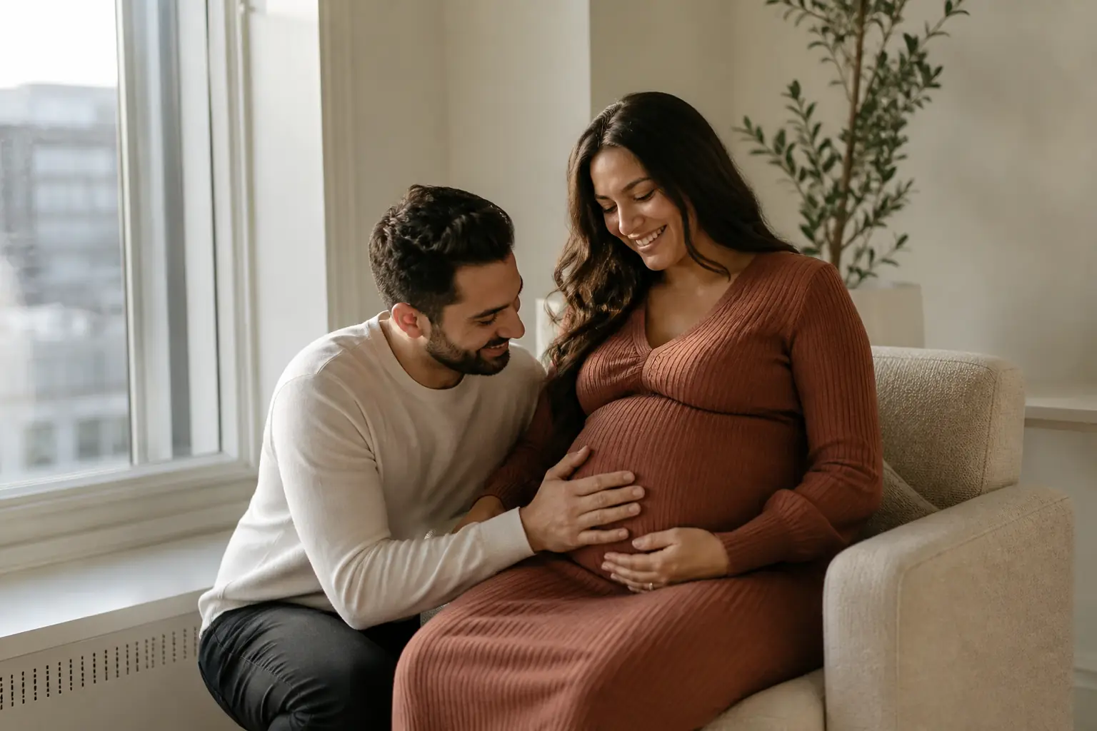 Expecting couple enjoying a relaxed at-home maternity photography session in Toronto