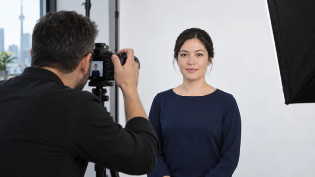 Professional passport photo session in Toronto with a solid navy top