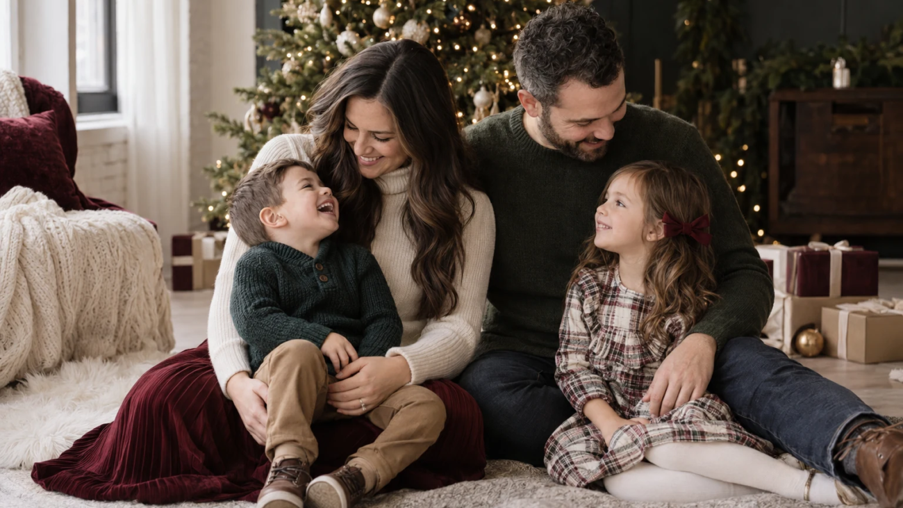 Family sharing a natural moment during a Toronto Christmas mini session