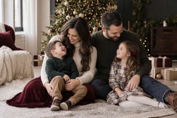 Family sharing a natural moment during a Toronto Christmas mini session