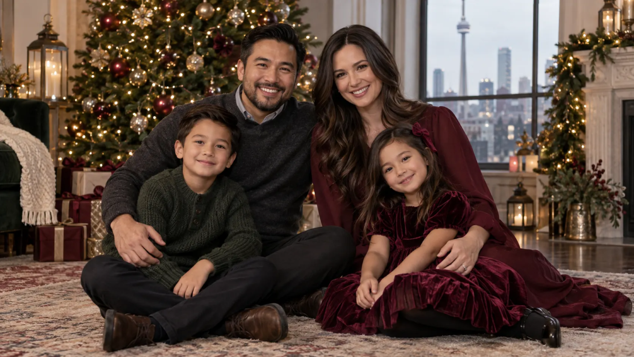 Family Christmas photoshoot in a Toronto studio with festive holiday décor