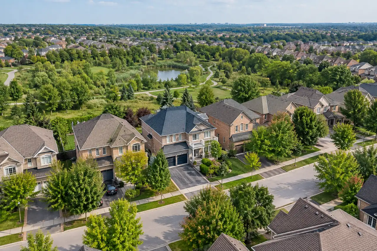 Drone real estate photography showing a Markham home and surrounding neighbourhood