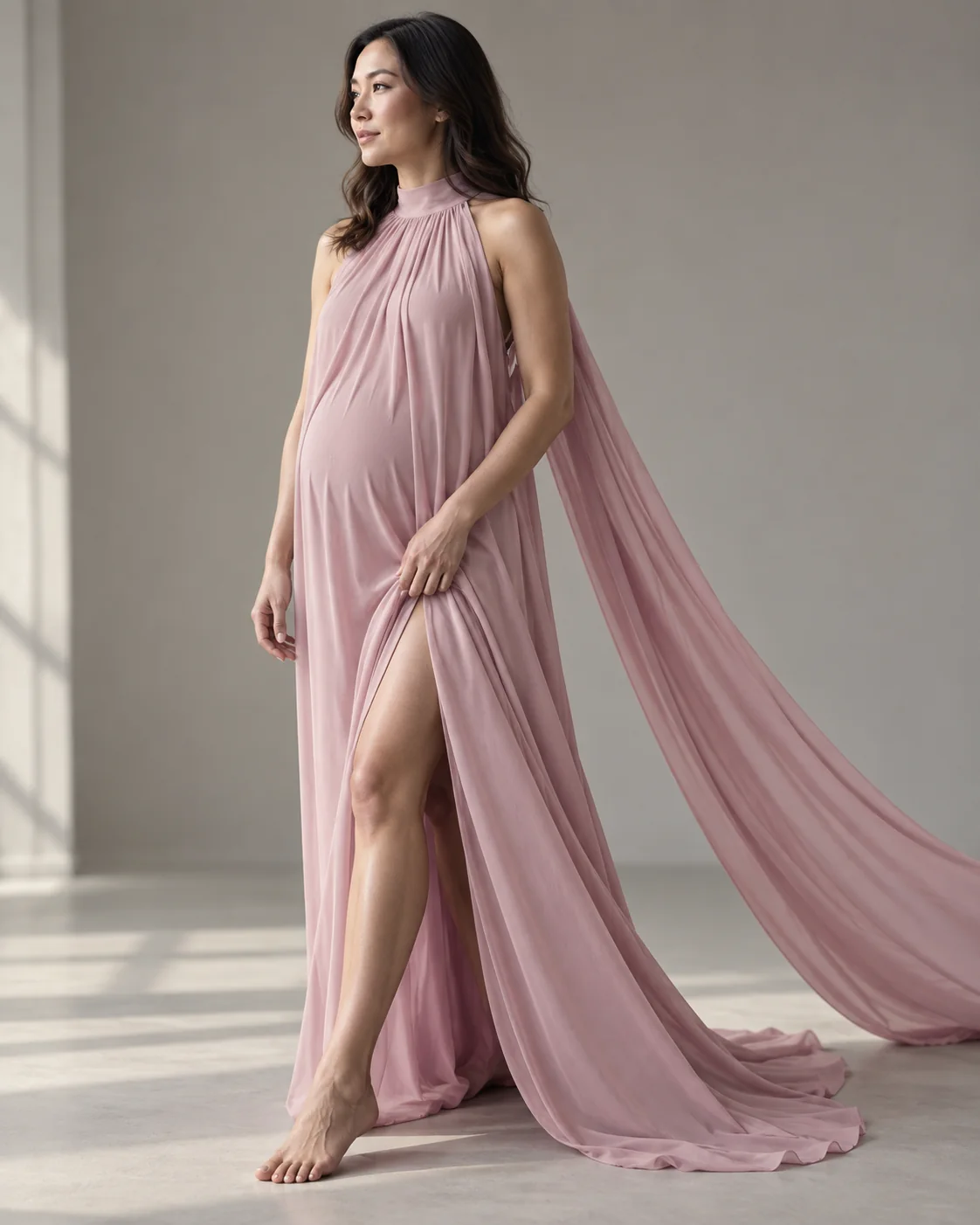 Pregnant client wearing a dusty rose maternity gown available for Toronto studio photoshoots