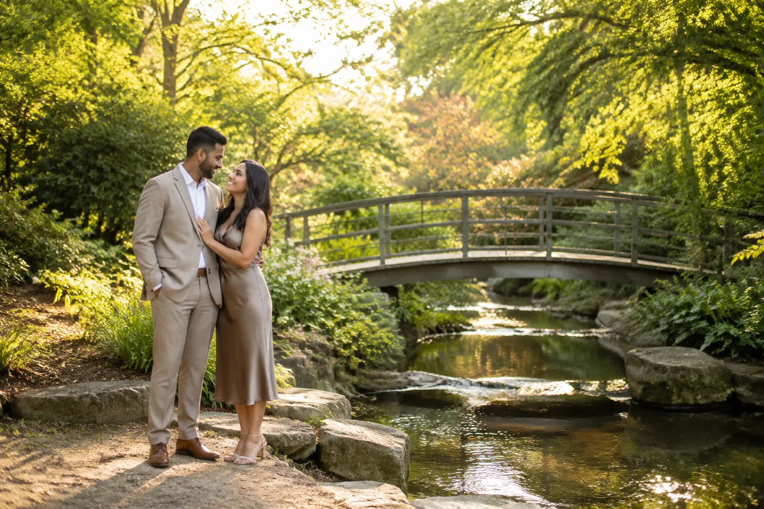 Engaged couple photographed beside a bridge and stream at Edwards Gardens