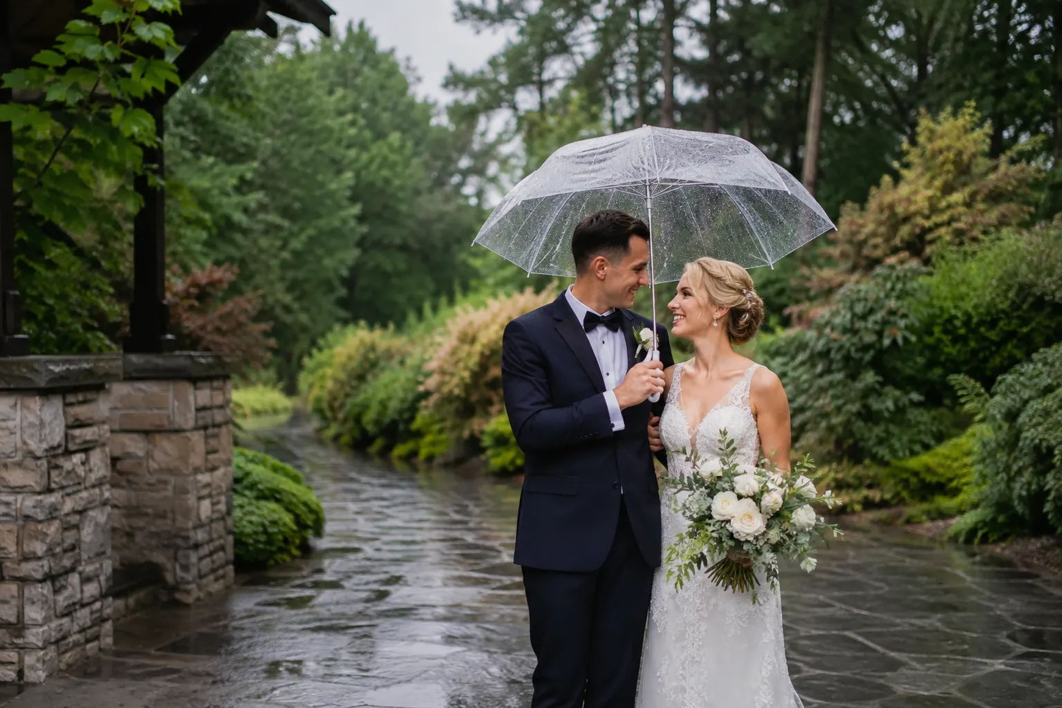 Bride and groom under a clear umbrella during a rainy Edwards Gardens wedding session