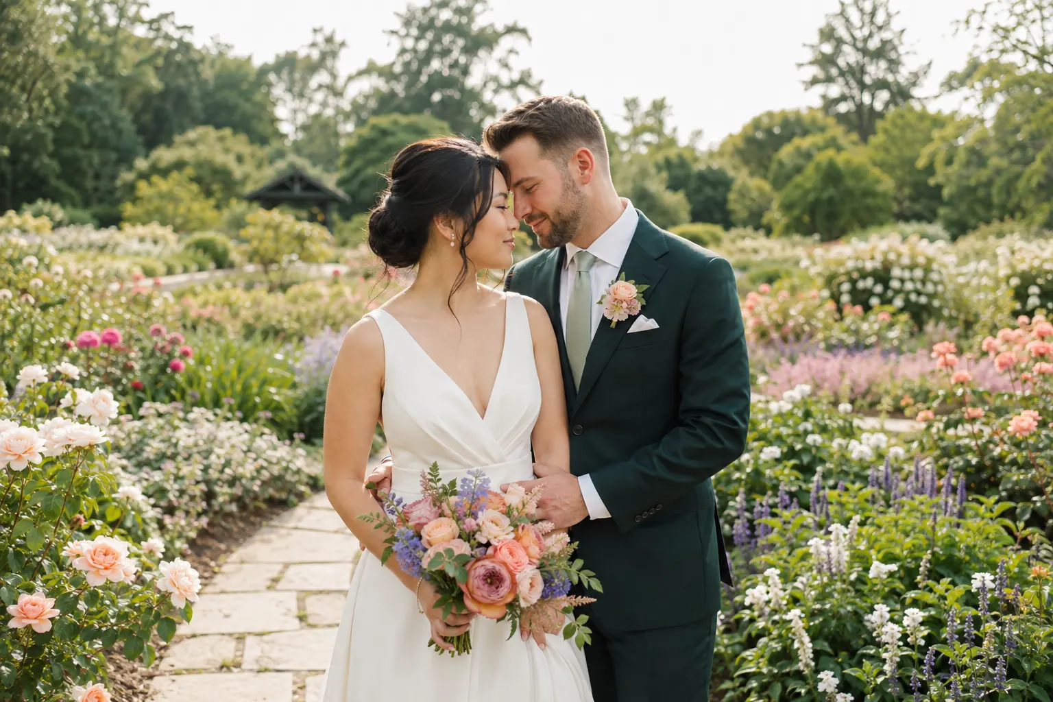 Bride and groom portrait in the flower gardens at Edwards Gardens