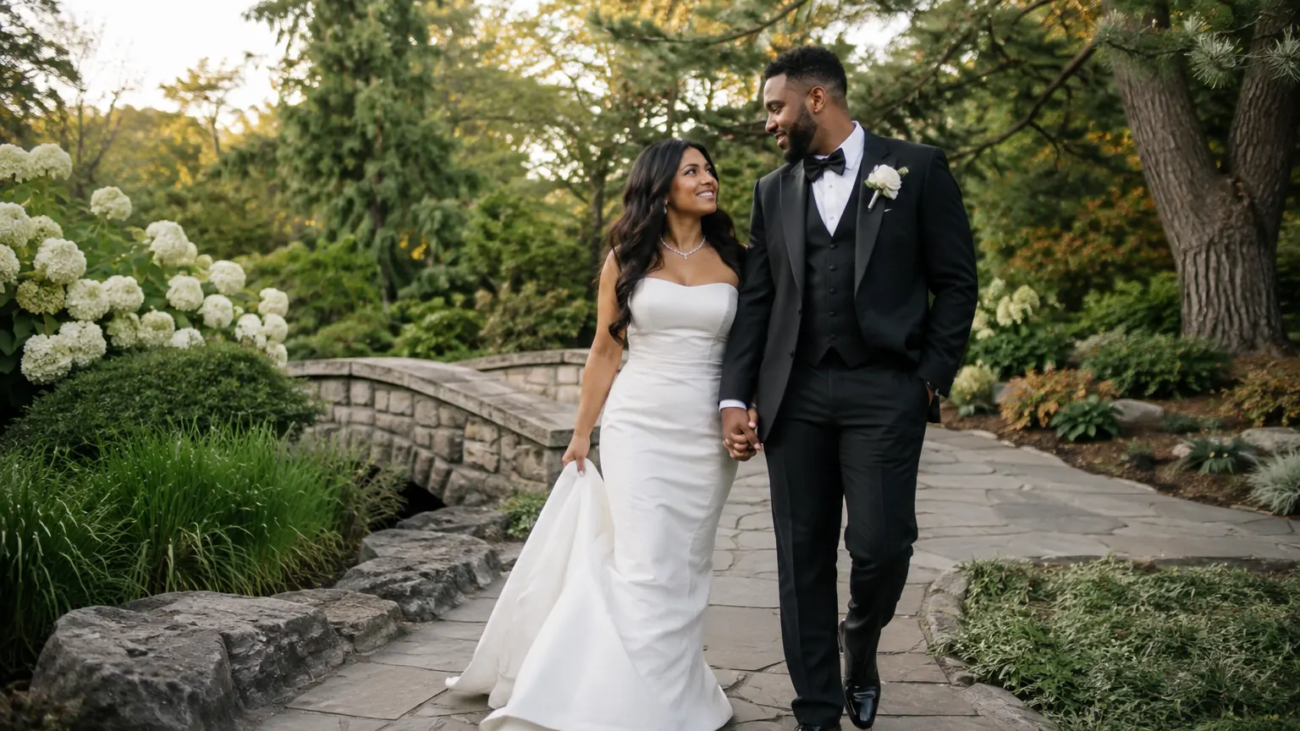 Newlywed couple walking through Edwards Gardens in Toronto