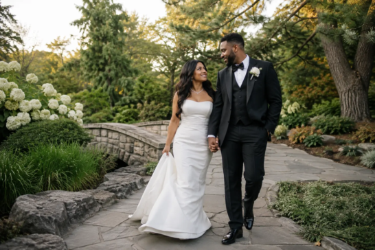 Newlywed couple walking through Edwards Gardens in Toronto