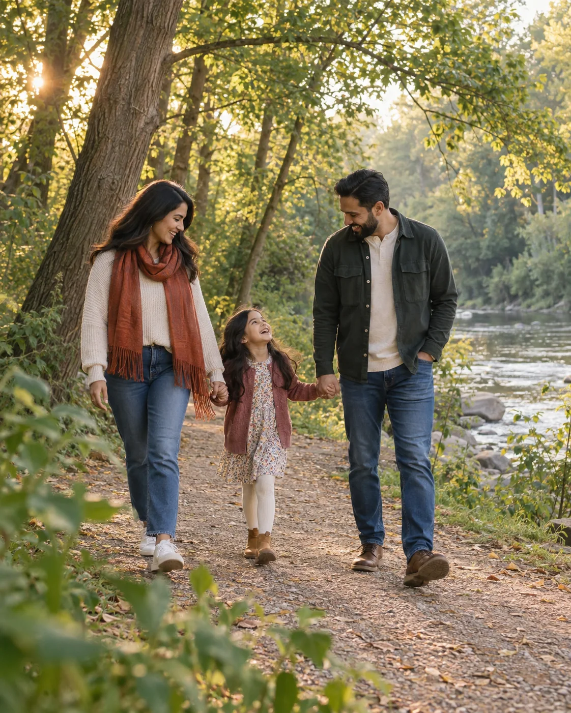 Family walking beside the Credit River at Eldorado Park Brampton
