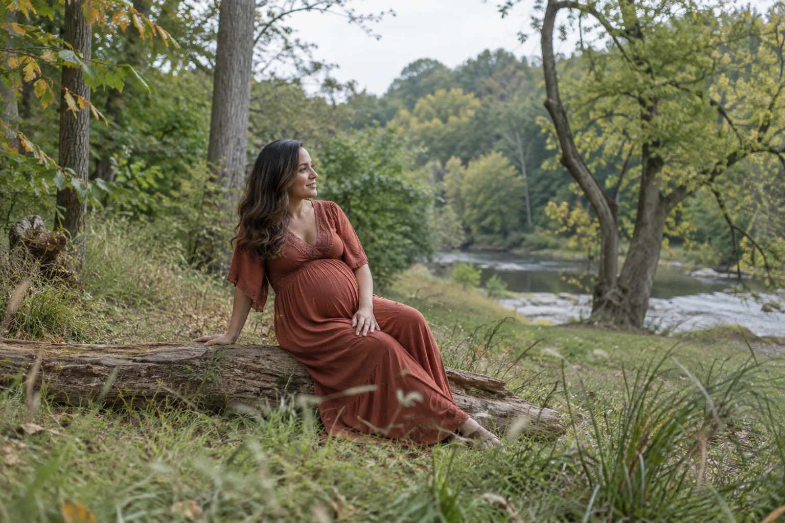 Maternity portrait beside the Credit River at Erindale Park Mississauga