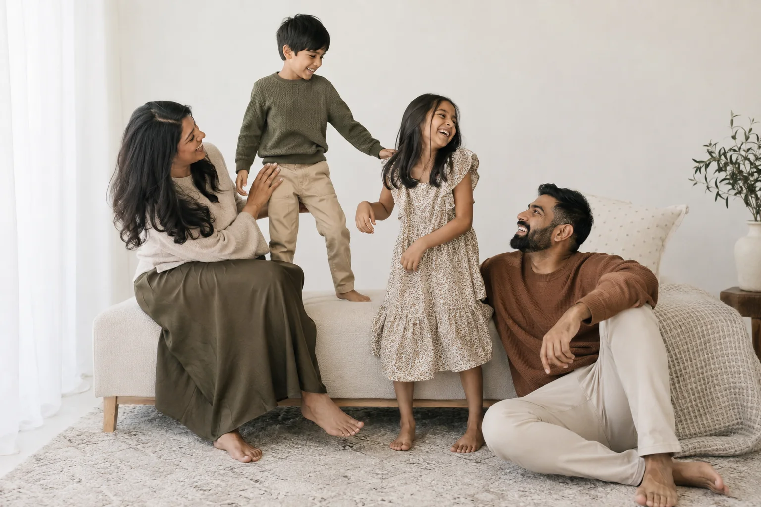 Candid family portrait photographed in a bright Richmond Hill studio setting