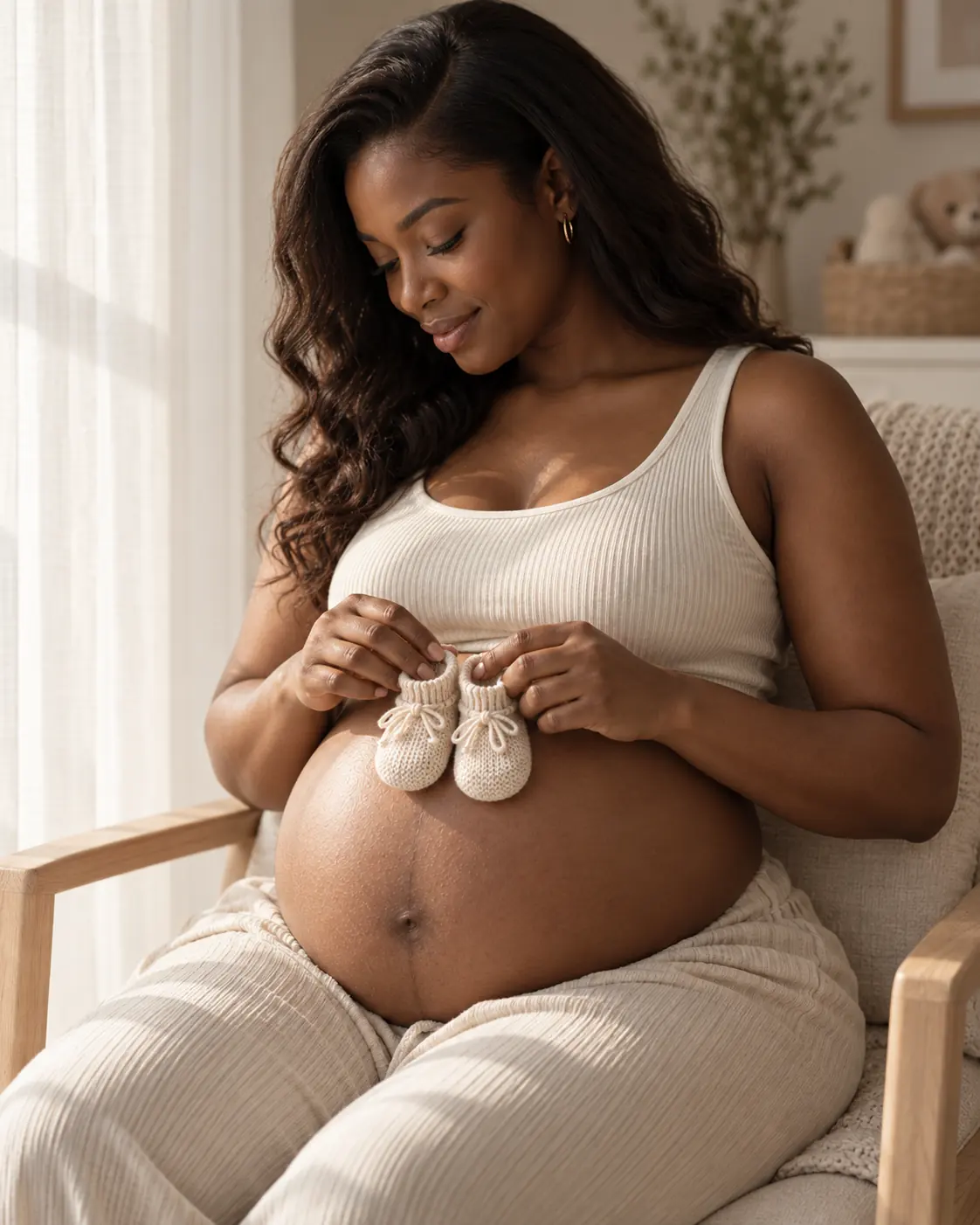 Expecting mother holding baby booties during an in-home maternity session in Markham