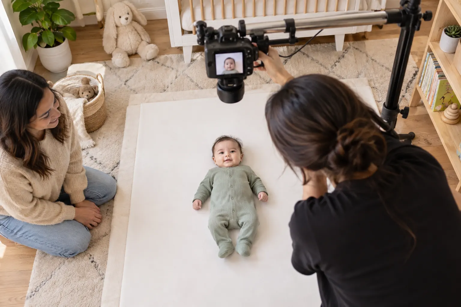 Professional photographer taking an infant passport photo from directly above at home in Toronto