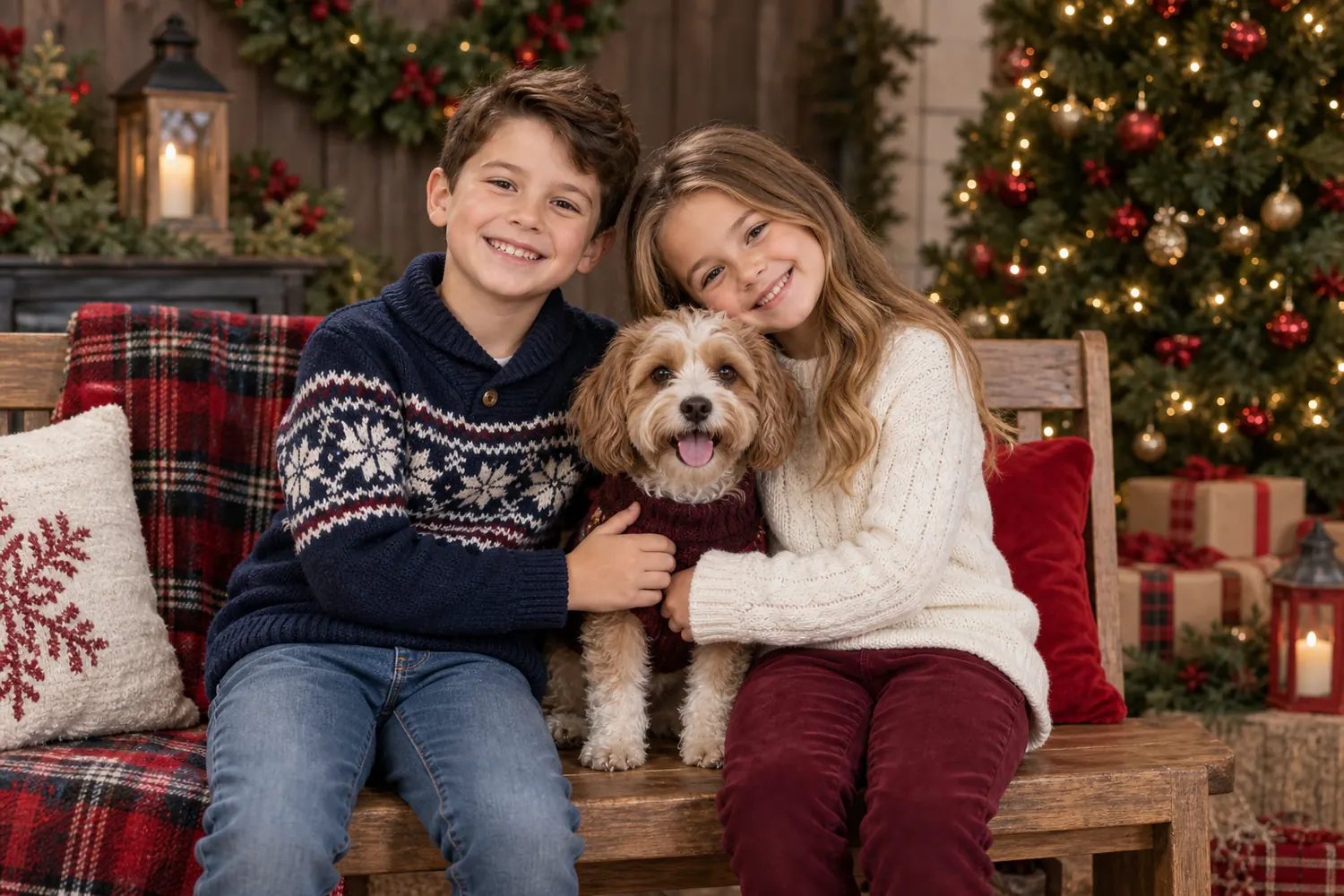 Children and dog Christmas photoshoot in a Toronto studio
