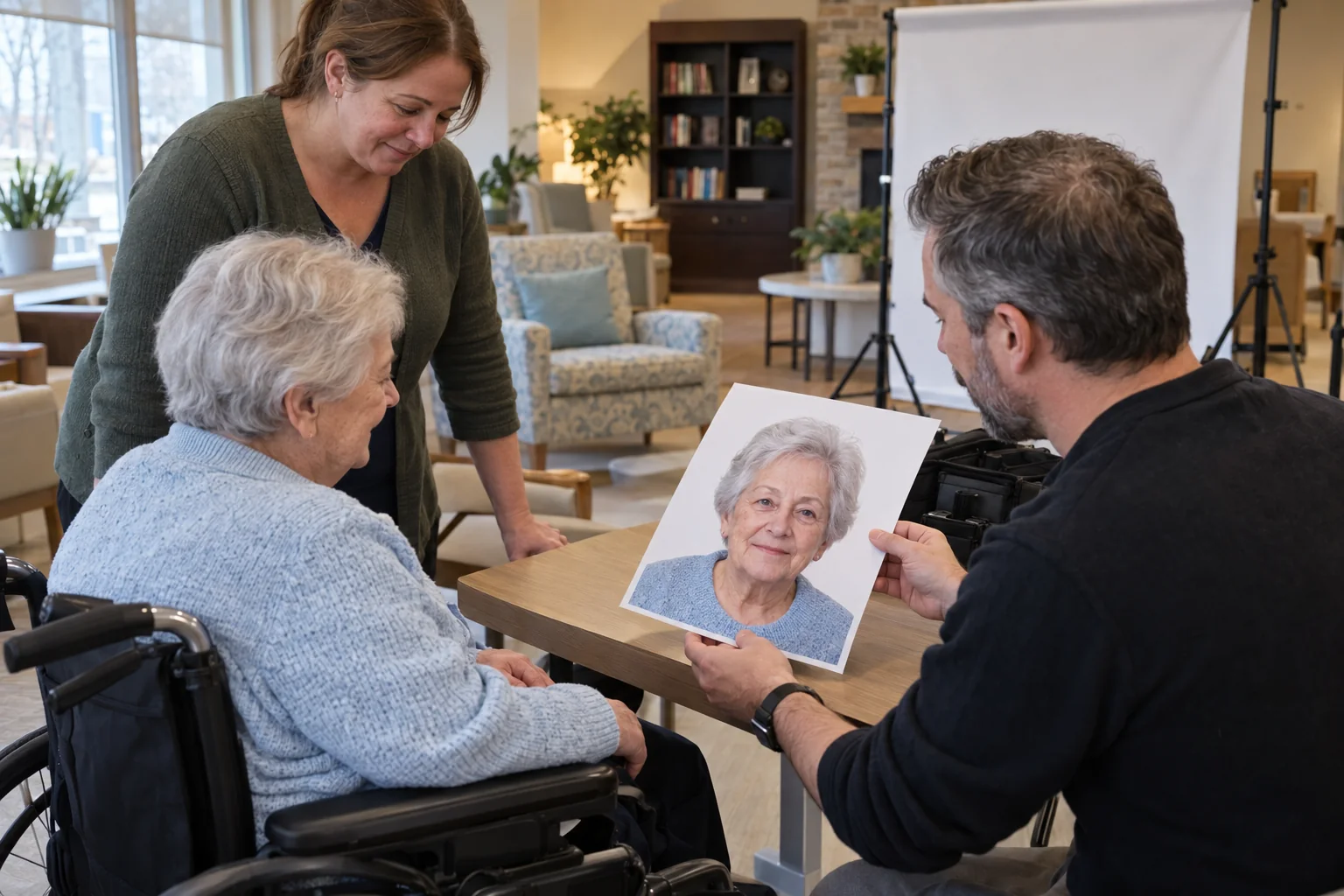 Reviewing a large matte Ontario Photo ID portrait print in a long-term care residence