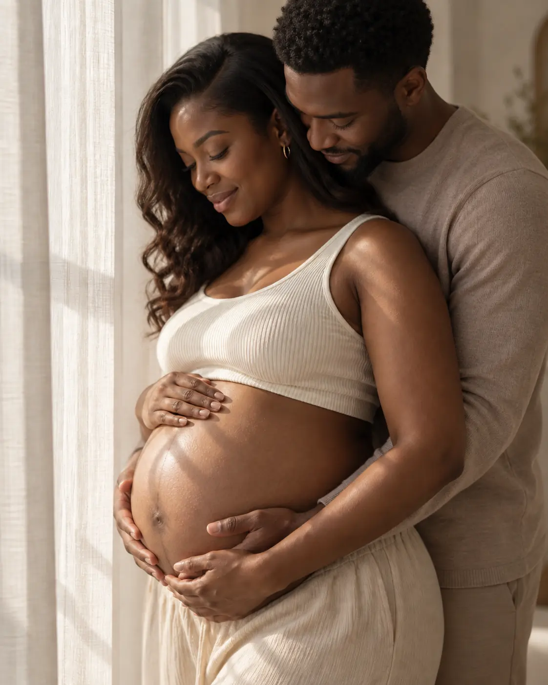 In-home maternity couple portrait beside a window in Markham