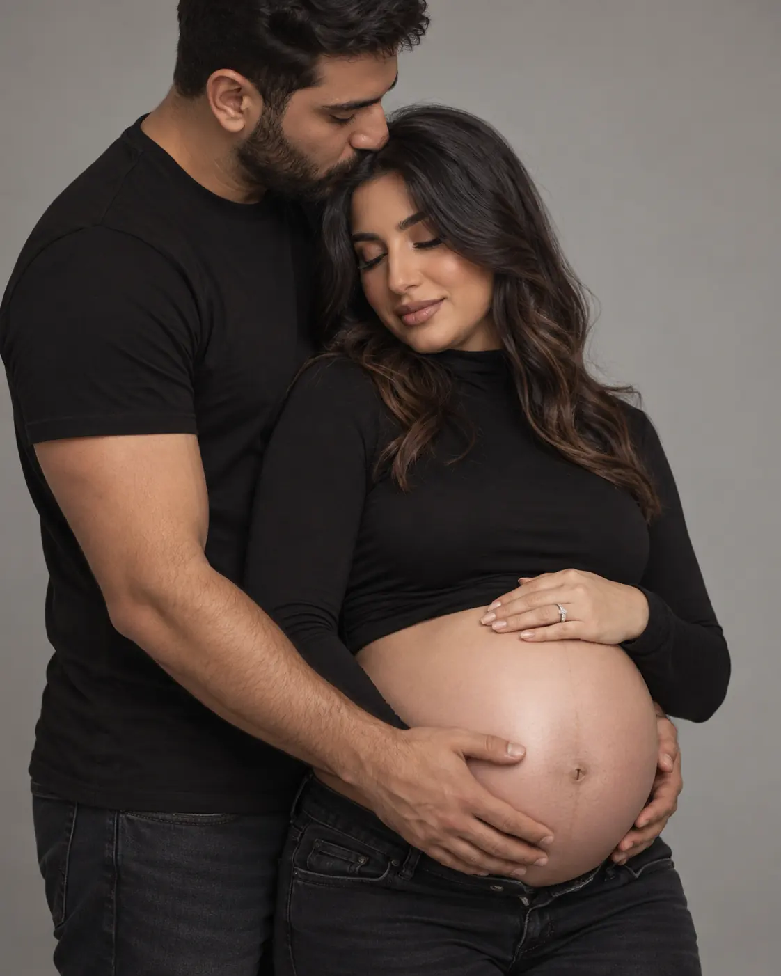 Studio maternity couple portrait in coordinated black outfits in Markham