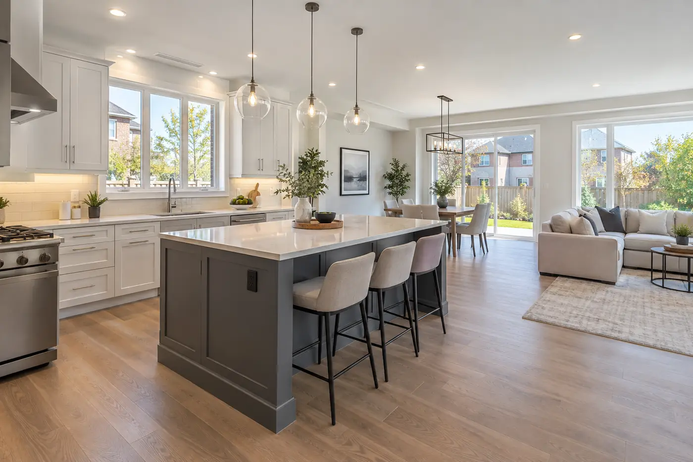 HDR real estate interior photography of a bright Markham kitchen and living space