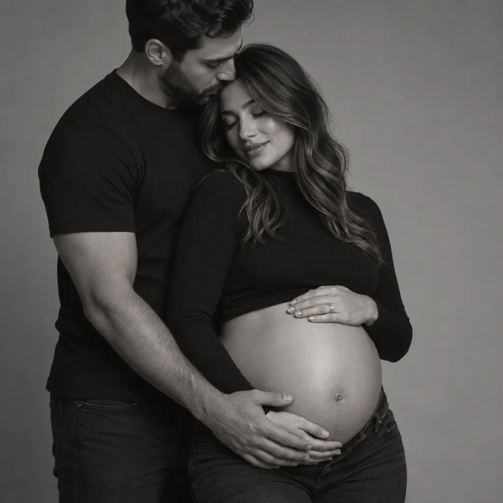 Black and white maternity portrait of an expecting couple in Toronto