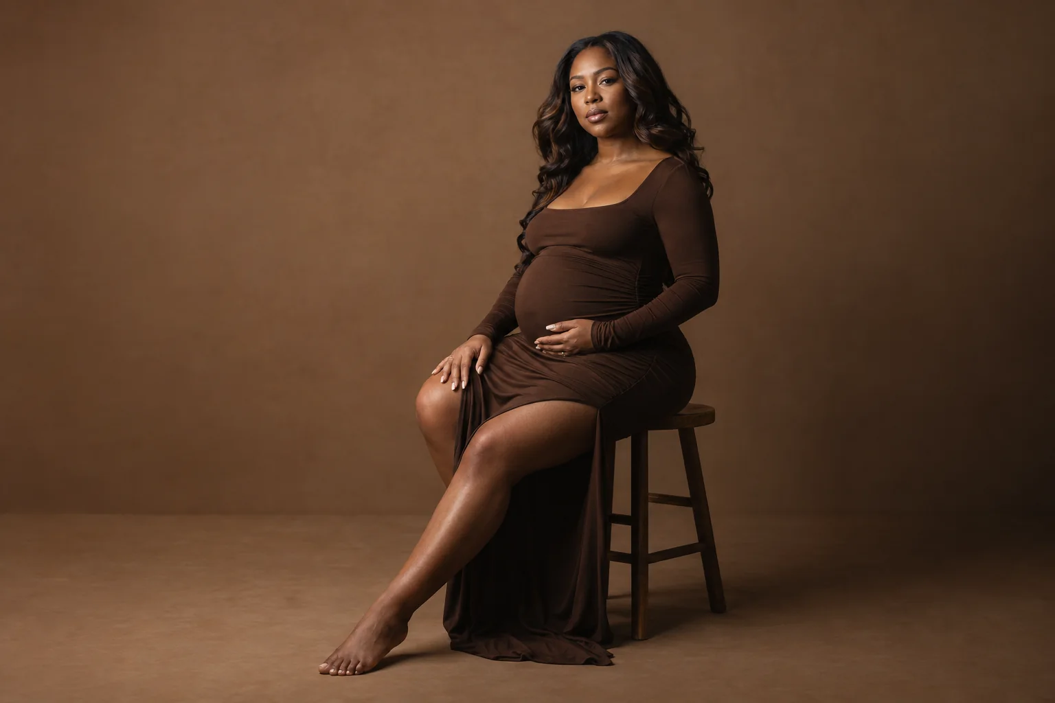 Contemporary maternity portrait with warm brown studio lighting