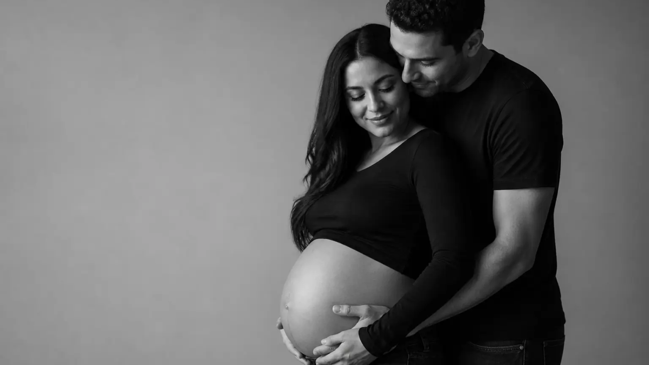 Black-and-white studio maternity portrait of an expecting couple in Toronto