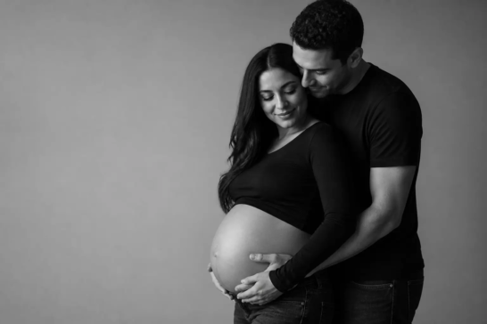 Black-and-white studio maternity portrait of an expecting couple in Toronto