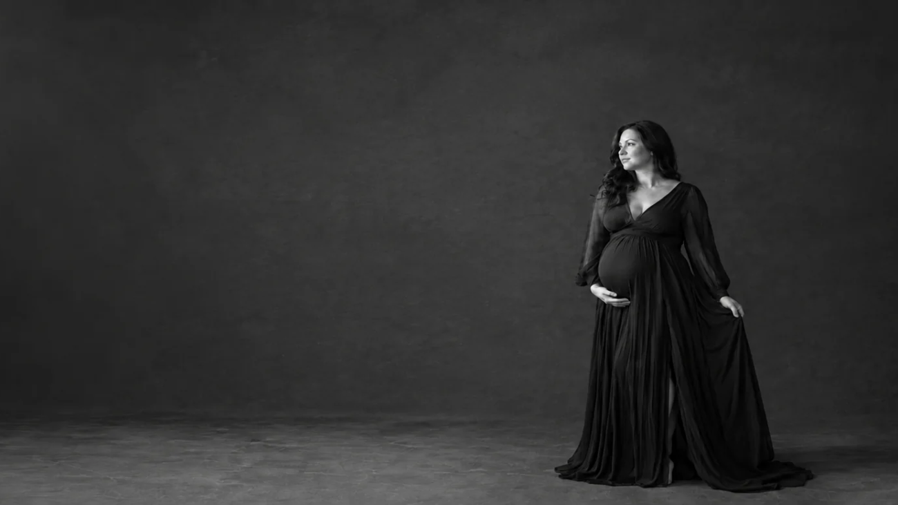 Black-and-white studio maternity portrait for a Vaughan maternity photoshoot