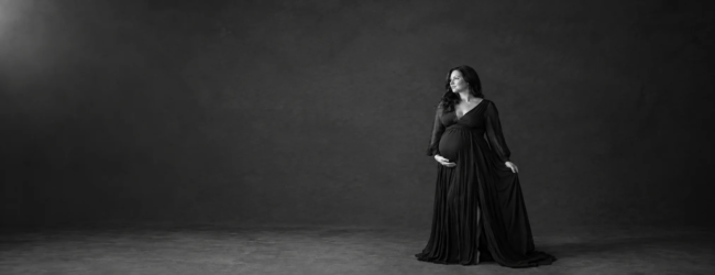 Black-and-white studio maternity portrait for a Vaughan maternity photoshoot