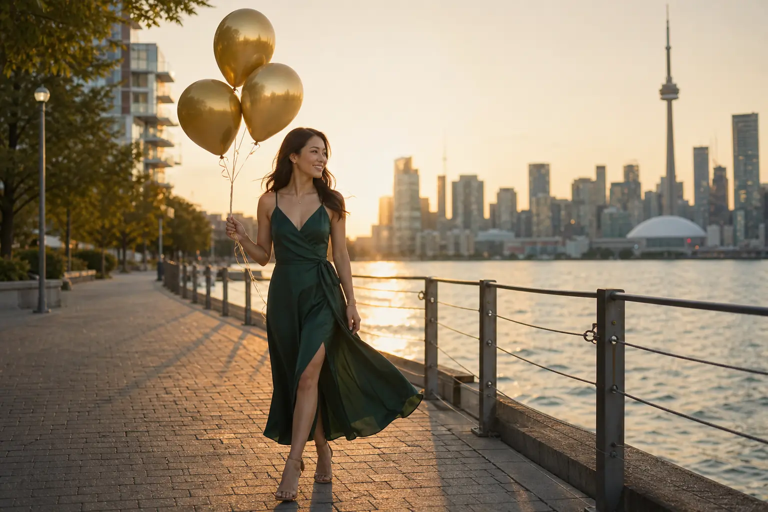 Outdoor 30th birthday photoshoot on the Toronto waterfront at golden hour