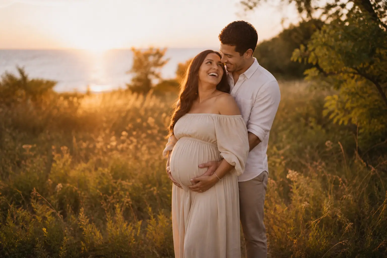 Expecting couple during a golden-hour outdoor maternity photoshoot in Toronto