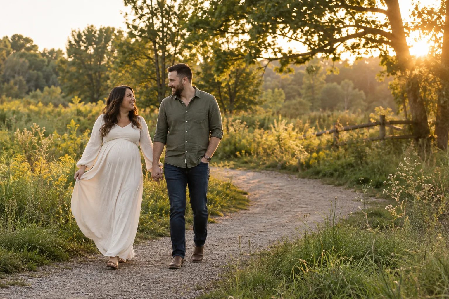 Expecting couple walking together during an outdoor maternity photoshoot near Kleinburg in Vaughan