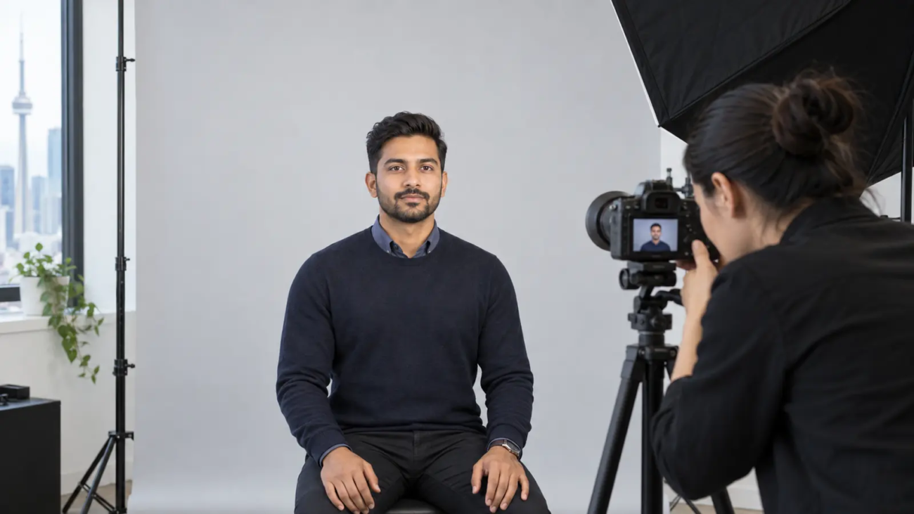 Professional passport photo session in a Toronto studio