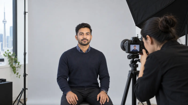 Professional passport photo session in a Toronto studio