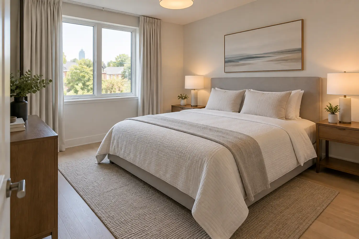Toronto bedroom with tidy neutral bedding prepared for real estate photography