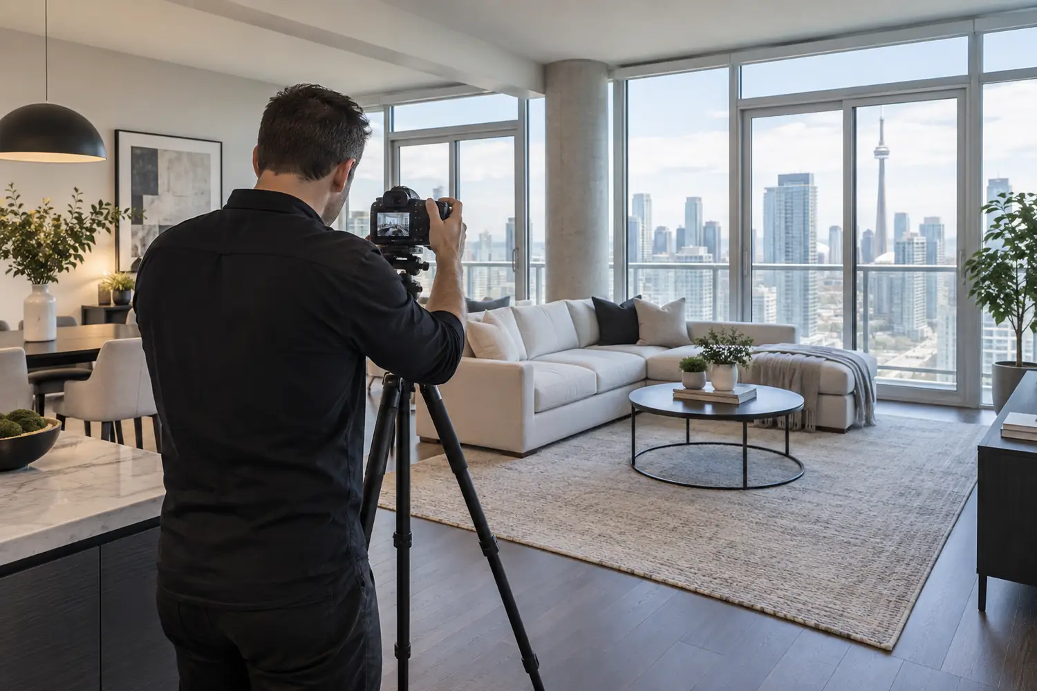 Real estate photographer photographing a prepared Toronto condo living room