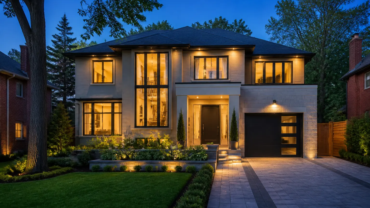 Twilight exterior of a contemporary Toronto-area home photographed for a real estate listing