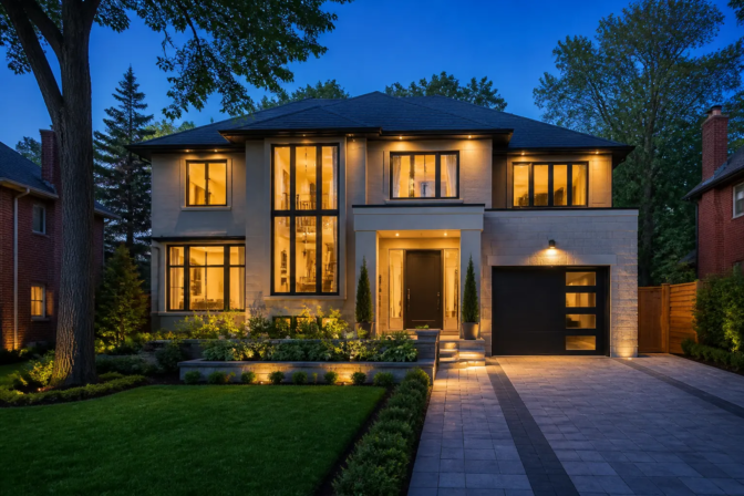 Twilight exterior of a contemporary Toronto-area home photographed for a real estate listing